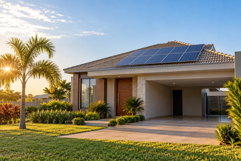Casa brasileira moderna com sistema de energia solar residencial no telhado
